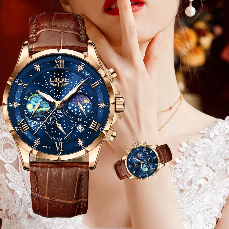 LIGE Leather Strap Moon Phase