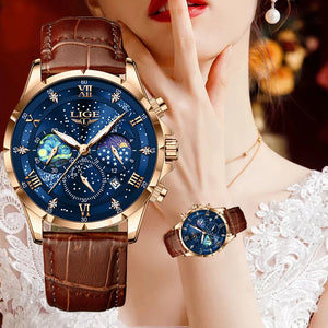 LIGE Leather Strap Moon Phase