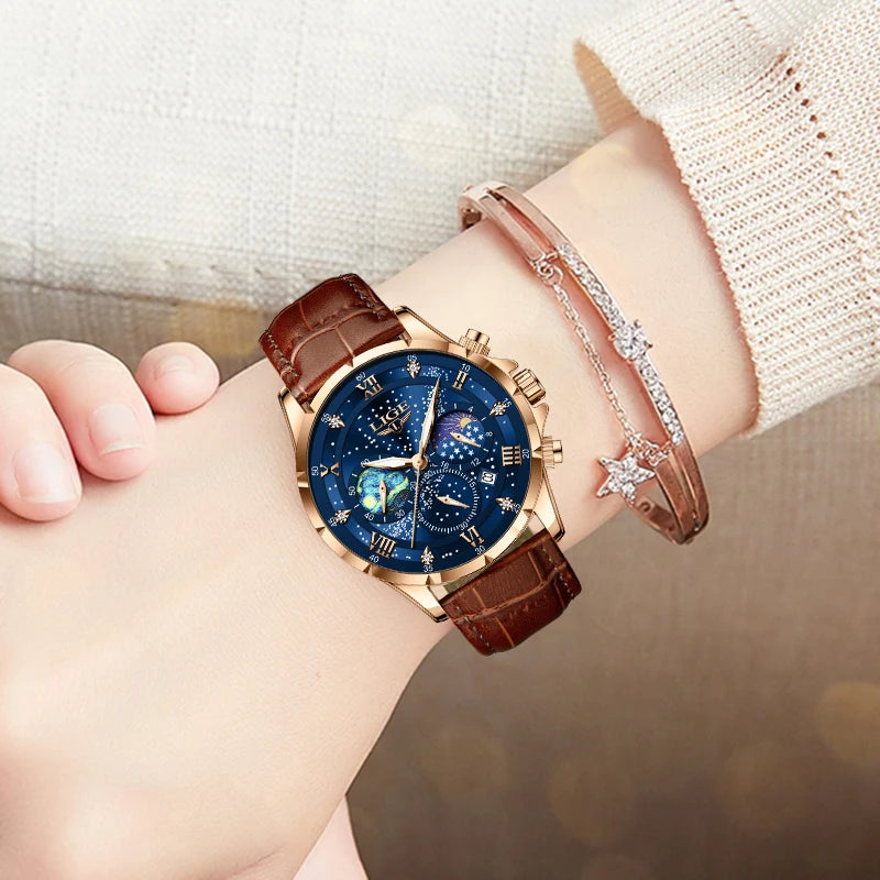 LIGE Leather Strap Moon Phase